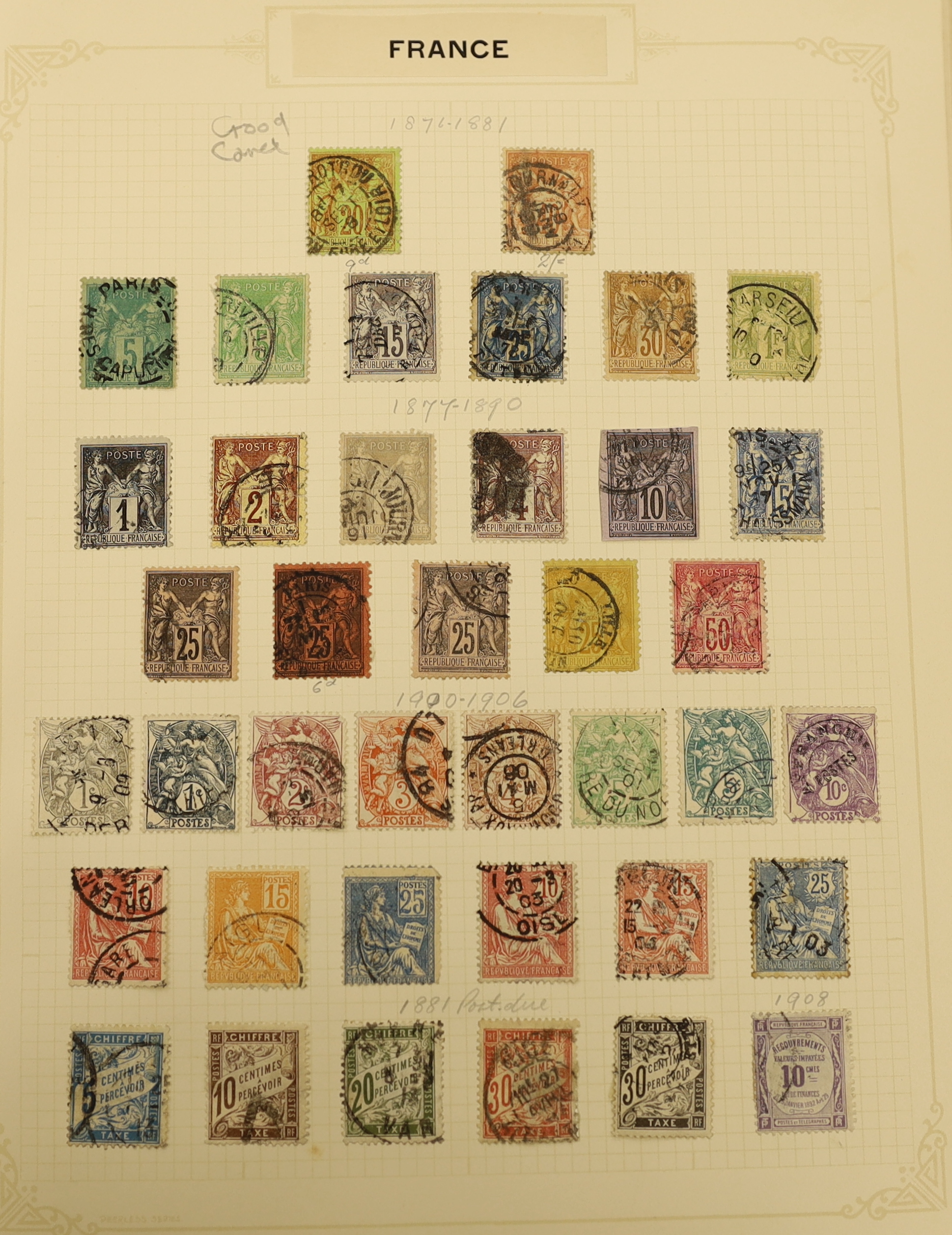 An old time collection of stamps in an album with Great Britain from 1840 1d and 2d used, etc